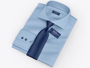 Folded Shirt With Tie Mockup - Half Side View (High-Angle Shot)